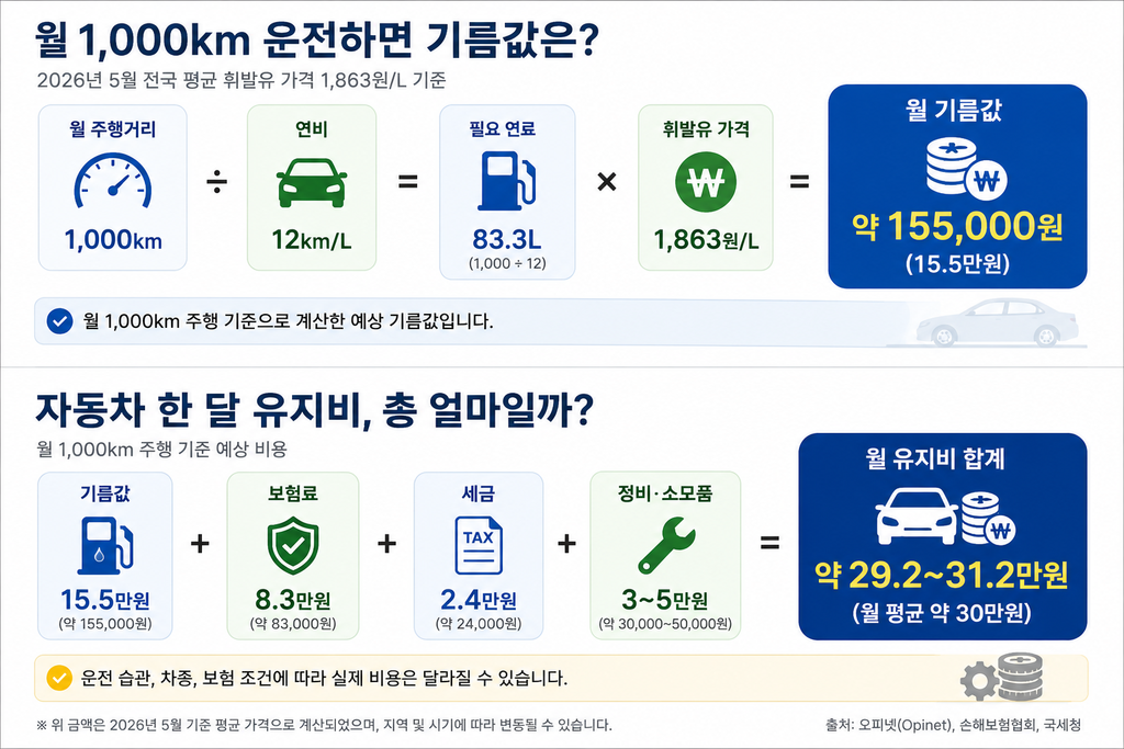 자동차 월 1000km 기름값과 한 달 유지비 계산